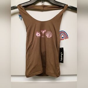 Justify Brown Tank Top with Pink Embroidery